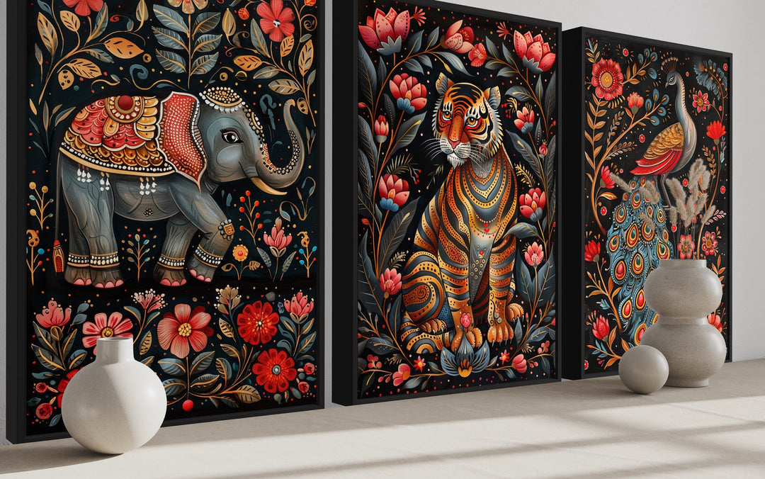 Set Of Three Madhubani Style Tiger, Elephant, Peacock Indian Framed Canvas Wall Art