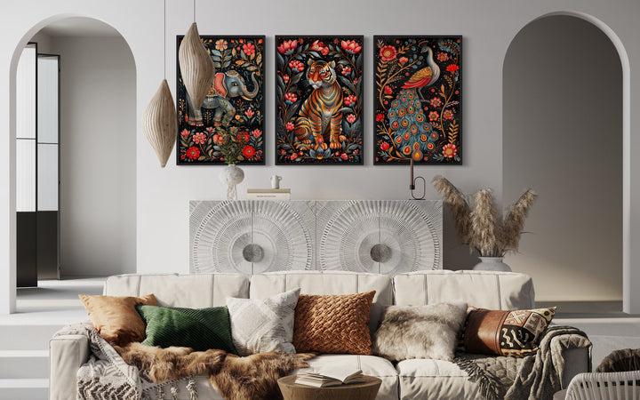 Set Of Three Madhubani Style Tiger, Elephant, Peacock Indian Framed Canvas Wall Art