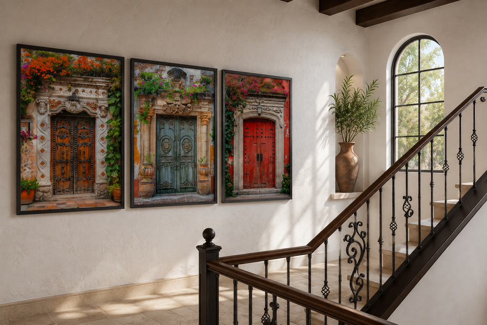 Set of three framed canvas prints featuring colorful, traditional Mexican doors on a white wall.