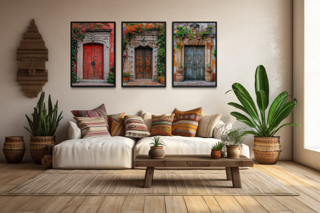 Set Of Three Mexican Doors Framed Canvas Wall Art