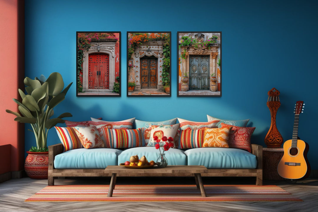 Set Of Three Mexican Doors Framed Canvas Wall Art