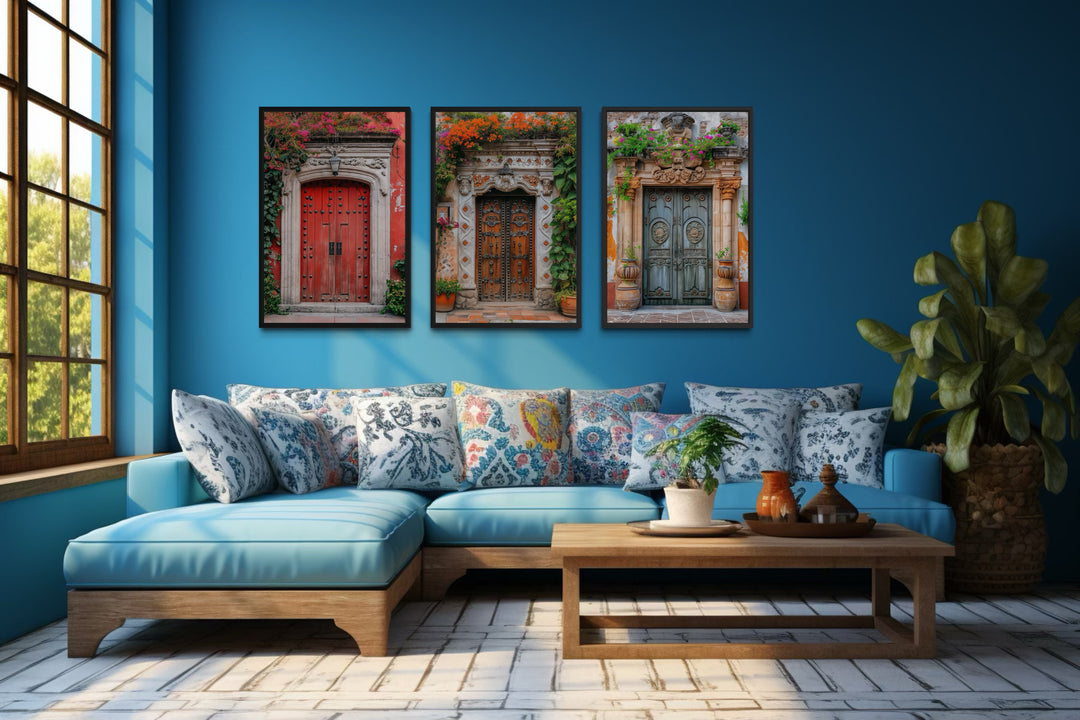 Set Of Three Mexican Doors Framed Canvas Wall Art
