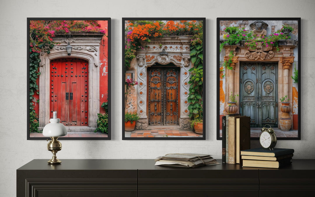 Set Of Three Mexican Doors Framed Canvas Wall Art