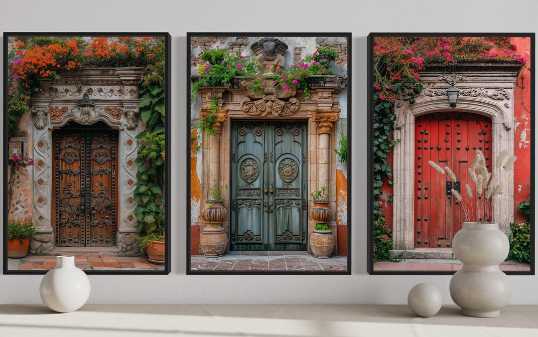 Set Of Three Mexican Doors Framed Canvas Wall Art