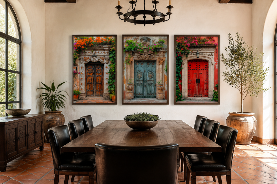 Set of three framed canvas prints featuring colorful, traditional Mexican doors in a dining room.