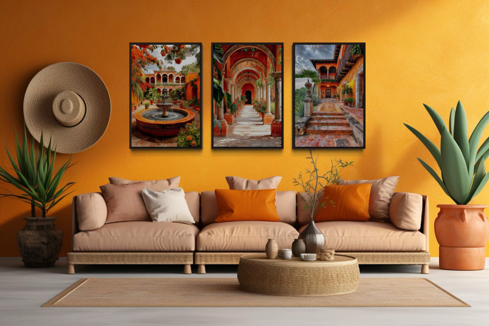 Set Of Three Mexican Hacienda Framed Canvas Wall Art