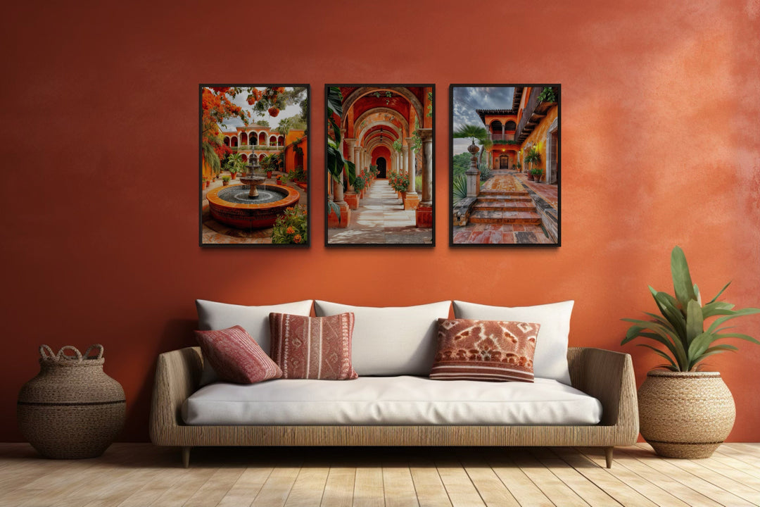 Set Of Three Mexican Hacienda Framed Canvas Wall Art