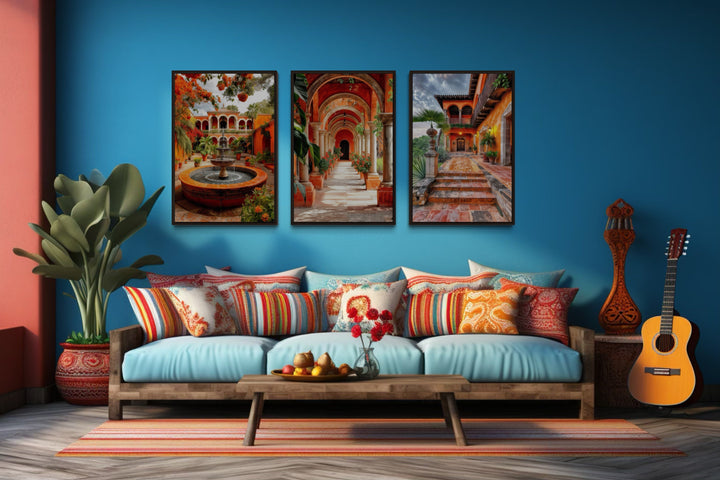 Set Of Three Mexican Hacienda Framed Canvas Wall Art