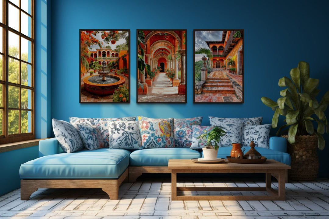 Set Of Three Mexican Hacienda Framed Canvas Wall Art