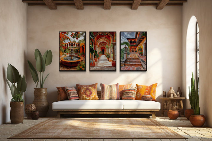 Set Of Three Mexican Hacienda Framed Canvas Wall Art