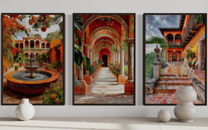 Set Of Three Mexican Hacienda Framed Canvas Wall Art