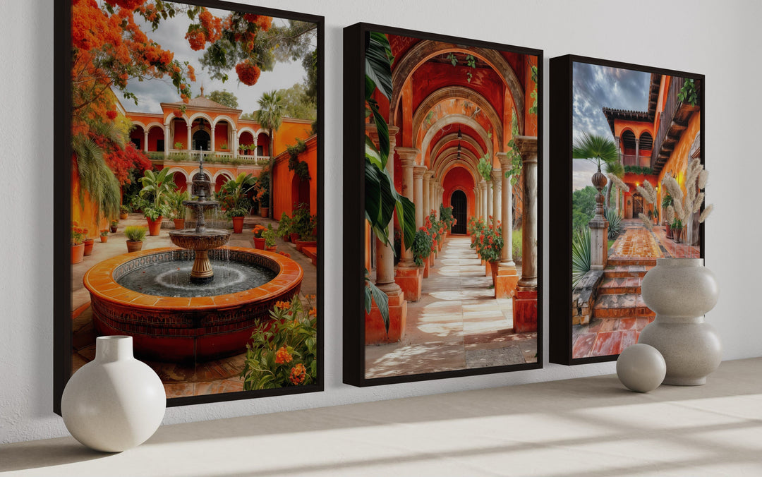 Set Of Three Mexican Hacienda Framed Canvas Wall Art