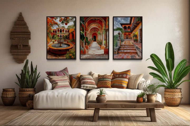 Set Of Three Mexican Hacienda Framed Canvas Wall Art