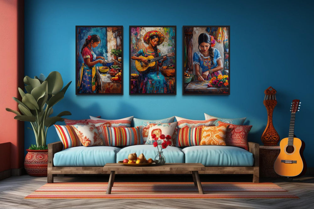 Set Of Three Mexican Women Wall Art - Playing Guitar, Cooking, Making Jewellery