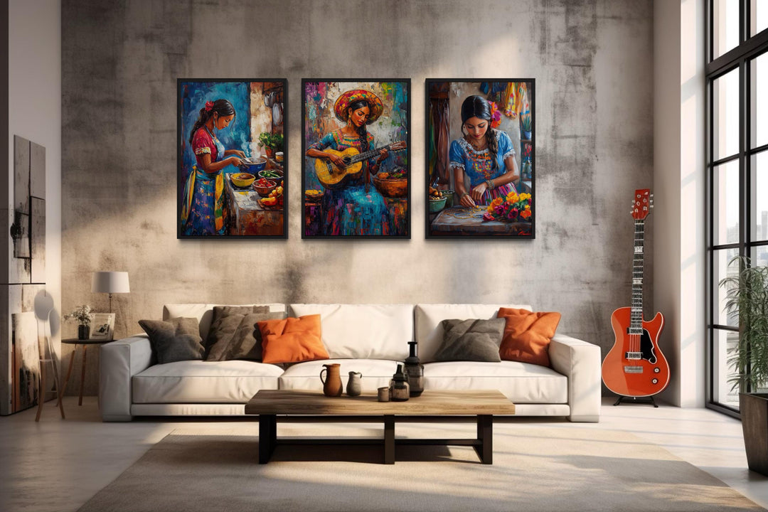 Set Of Three Mexican Women Wall Art - Playing Guitar, Cooking, Making Jewellery