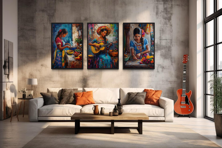 Set Of Three Mexican Women Wall Art - Playing Guitar, Cooking, Making Jewellery