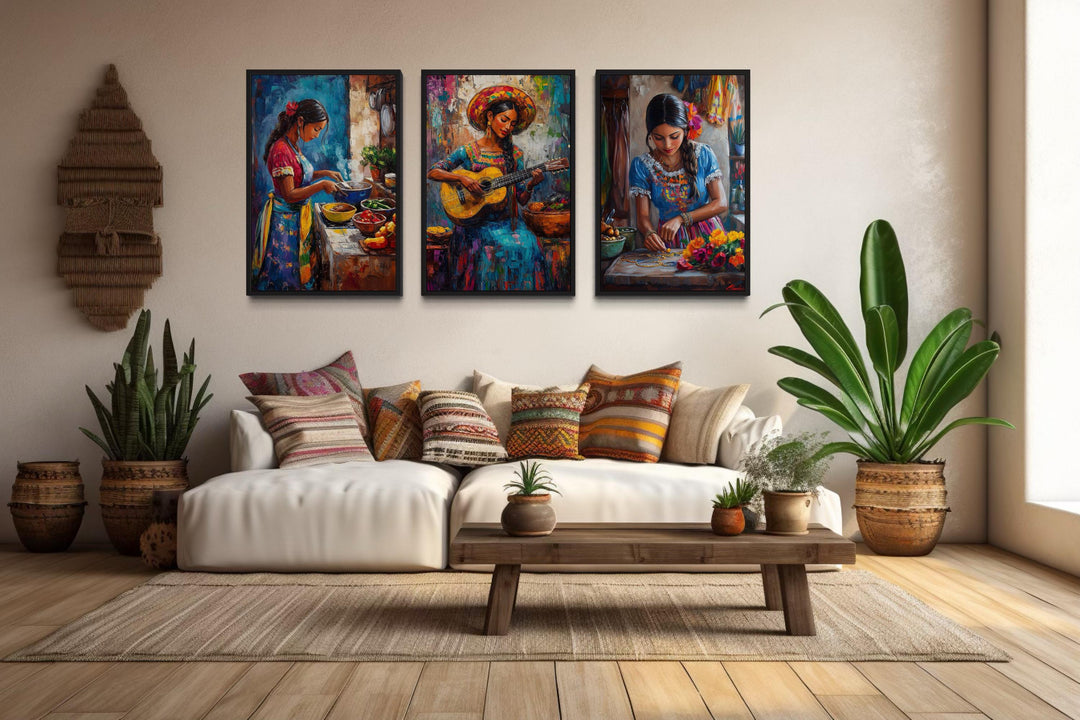 Set Of Three Mexican Women Wall Art - Playing Guitar, Cooking, Making Jewellery