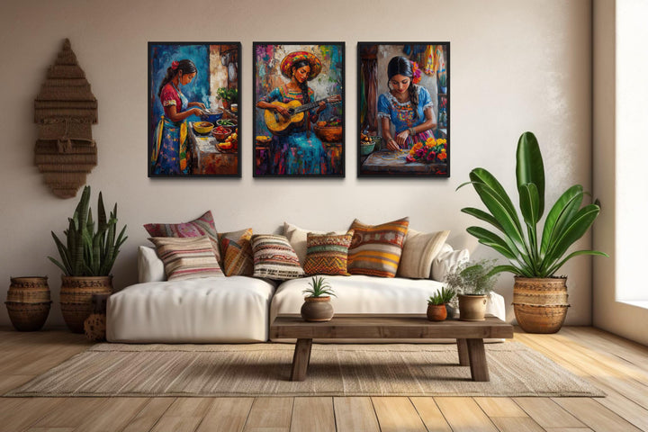 Set Of Three Mexican Women Wall Art - Playing Guitar, Cooking, Making Jewellery