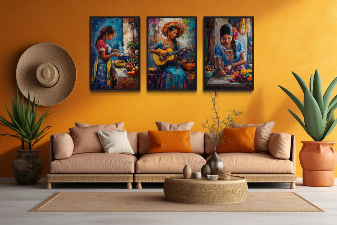 Set Of Three Mexican Women Wall Art - Playing Guitar, Cooking, Making Jewellery