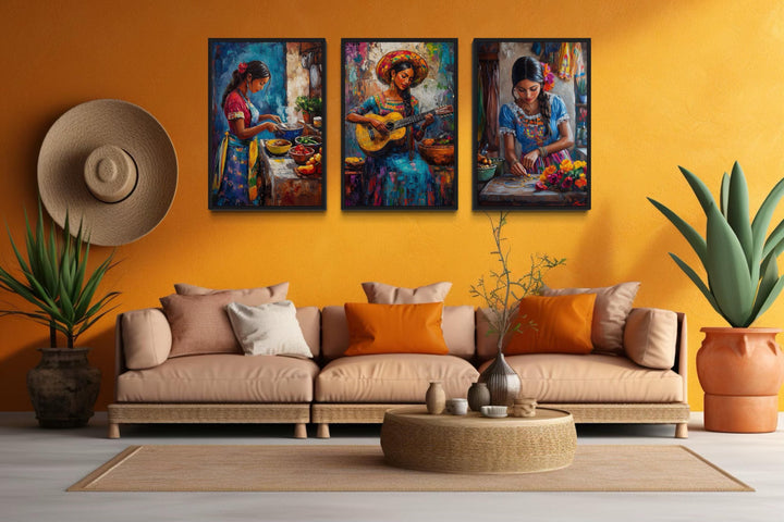 Set Of Three Mexican Women Wall Art - Playing Guitar, Cooking, Making Jewellery