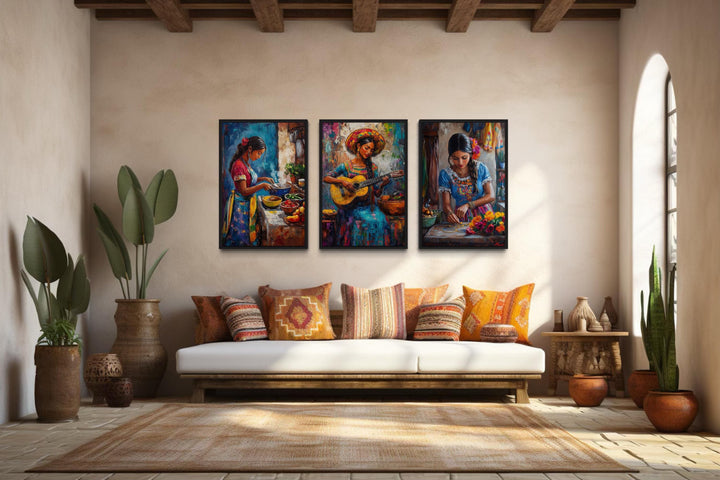 Set Of Three Mexican Women Wall Art - Playing Guitar, Cooking, Making Jewellery