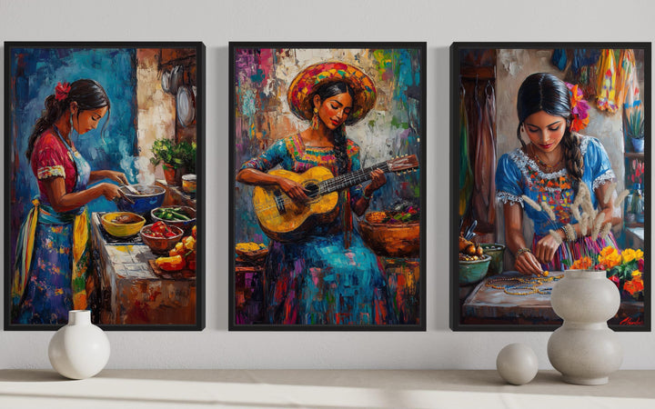 Set Of Three Mexican Women Wall Art - Playing Guitar, Cooking, Making Jewellery