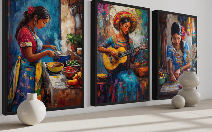 Set Of Three Mexican Women Wall Art - Playing Guitar, Cooking, Making Jewellery