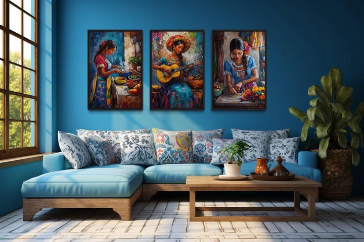 Set Of Three Mexican Women Wall Art - Playing Guitar, Cooking, Making Jewellery