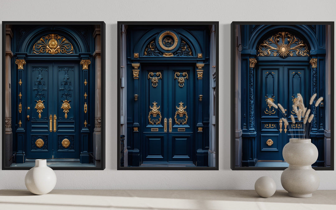 Set Of Three Navy Blue Gold European Doors Canvas Wall Decor