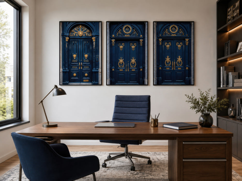 Set of three framed canvas prints featuring navy blue European doors with ornate gold details.