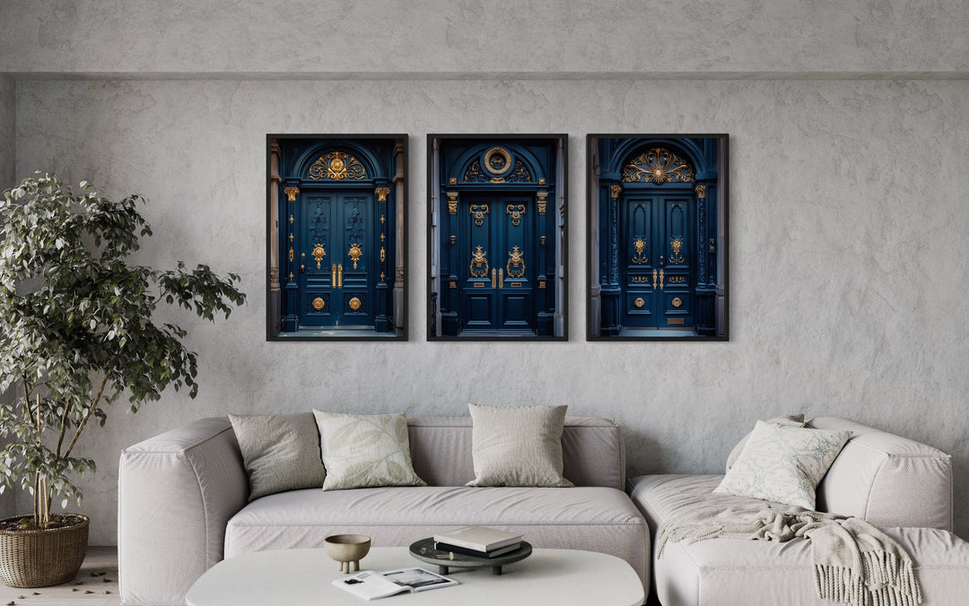 Set Of Three Navy Blue Gold European Doors Canvas Wall Decor