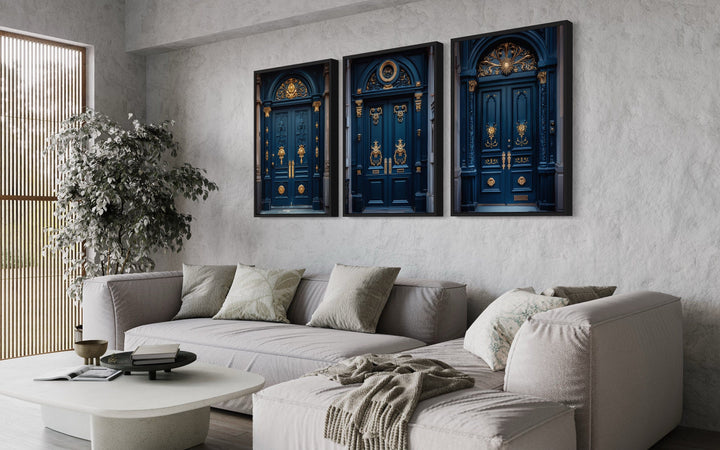 Set Of Three Navy Blue Gold European Doors Canvas Wall Decor