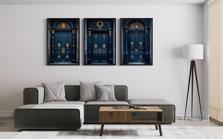 Set Of Three Navy Blue Gold European Doors Canvas Wall Decor