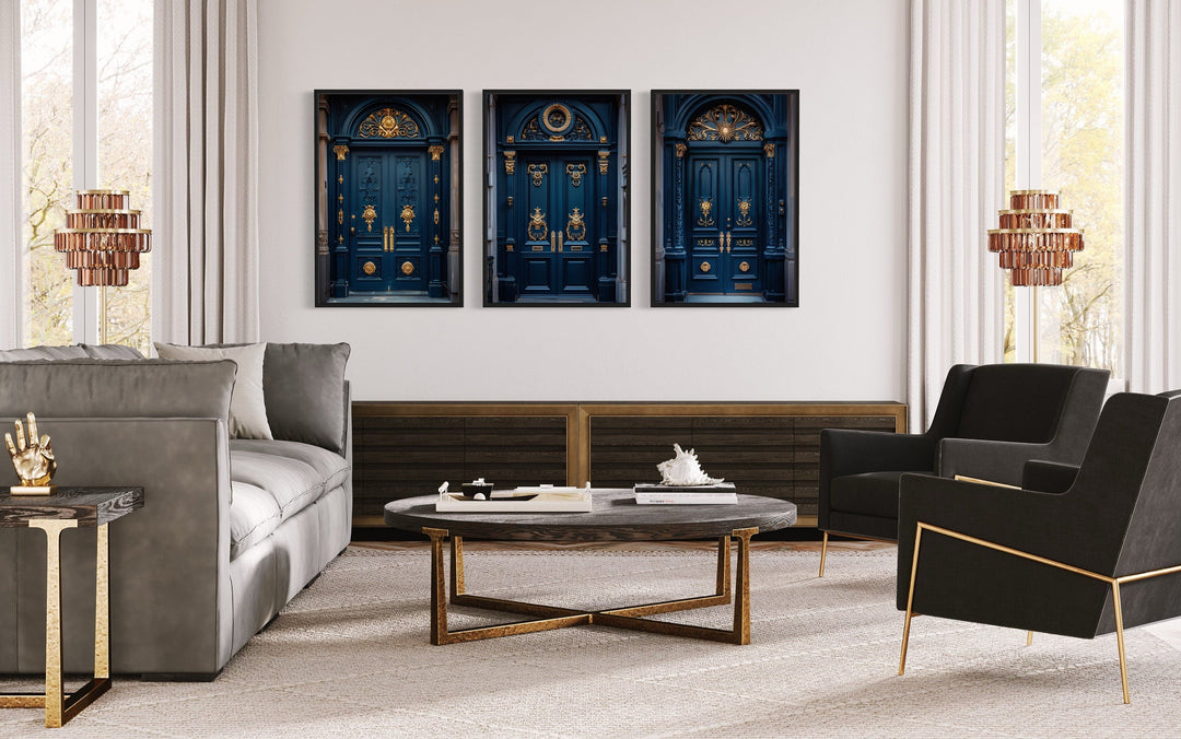 Set Of Three Navy Blue Gold European Doors Canvas Wall Decor