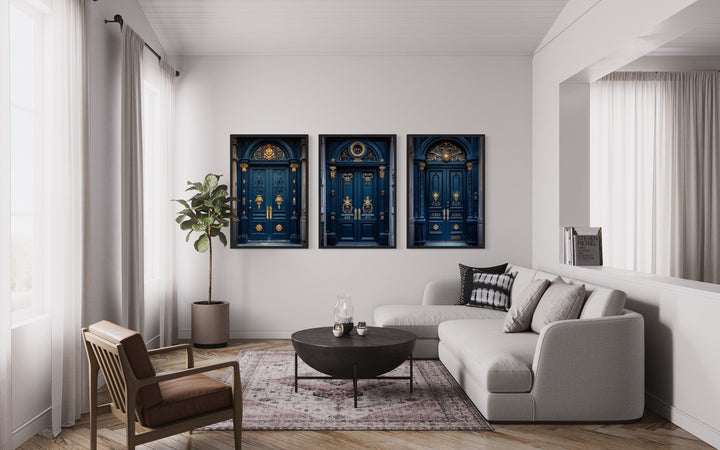 Set Of Three Navy Blue Gold European Doors Canvas Wall Decor