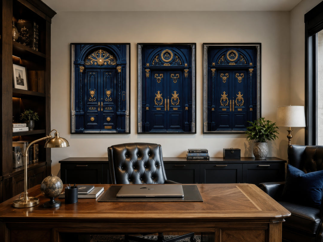 Set of three framed navy blue and gold European door canvas prints hanging in a home office.