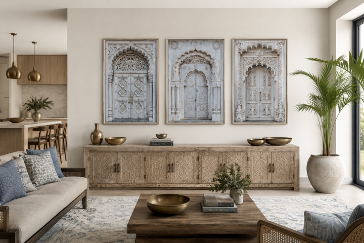 Set of three framed canvas prints featuring intricately carved neutral grey Indian doors.