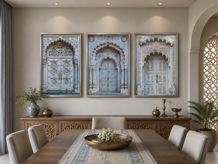 Set of three framed canvas prints featuring intricate neutral grey Indian architectural doors.