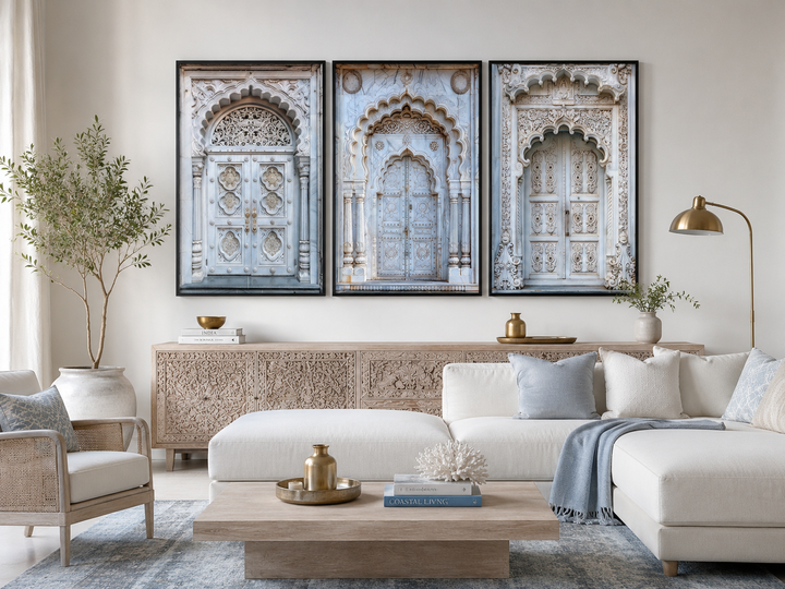 Set of three framed canvas prints featuring intricately carved neutral grey Indian doors.
