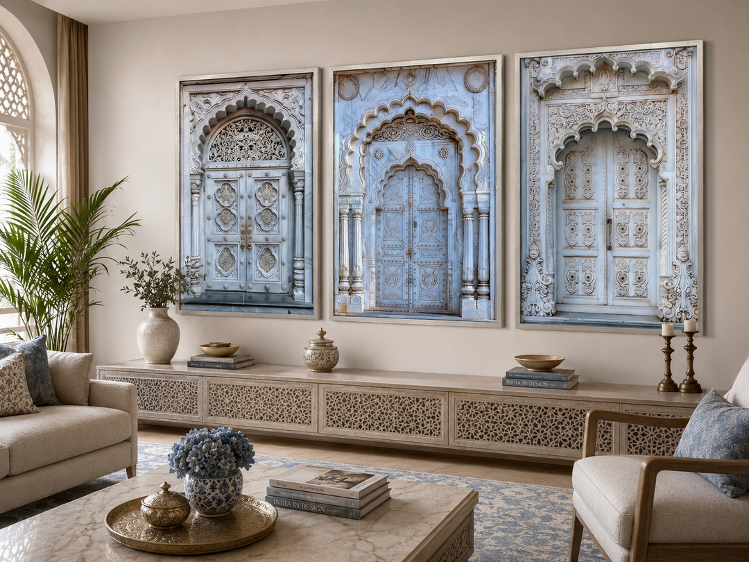 Set of three framed canvas prints featuring intricately carved neutral grey Indian doors.