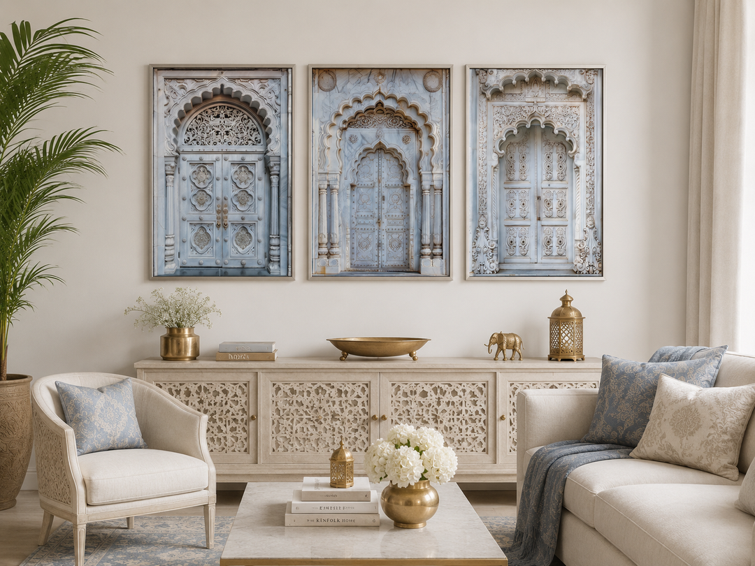 Set of three framed canvas prints featuring intricately carved neutral grey Indian doors.