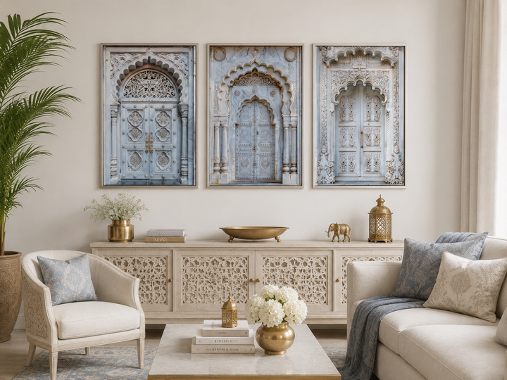 Set of three framed canvas prints featuring intricately carved neutral grey Indian doors.