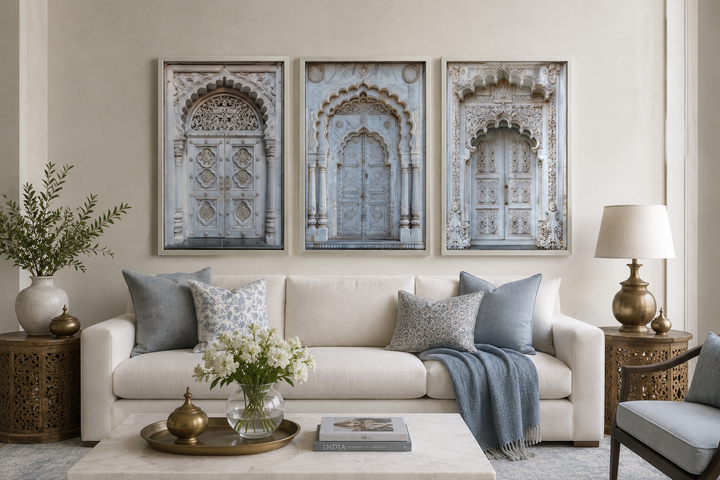 Set of three framed canvas prints featuring intricately carved neutral grey Indian doors.