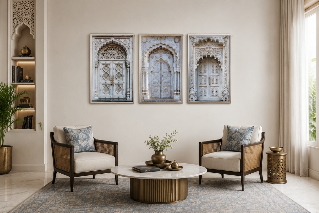 Set of three framed canvas prints featuring intricately carved neutral grey Indian doors.
