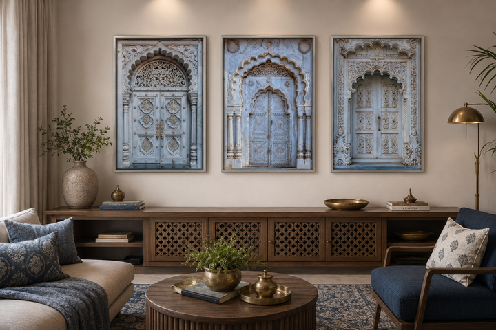 Set of three framed canvas prints featuring intricately carved neutral grey Indian doors.