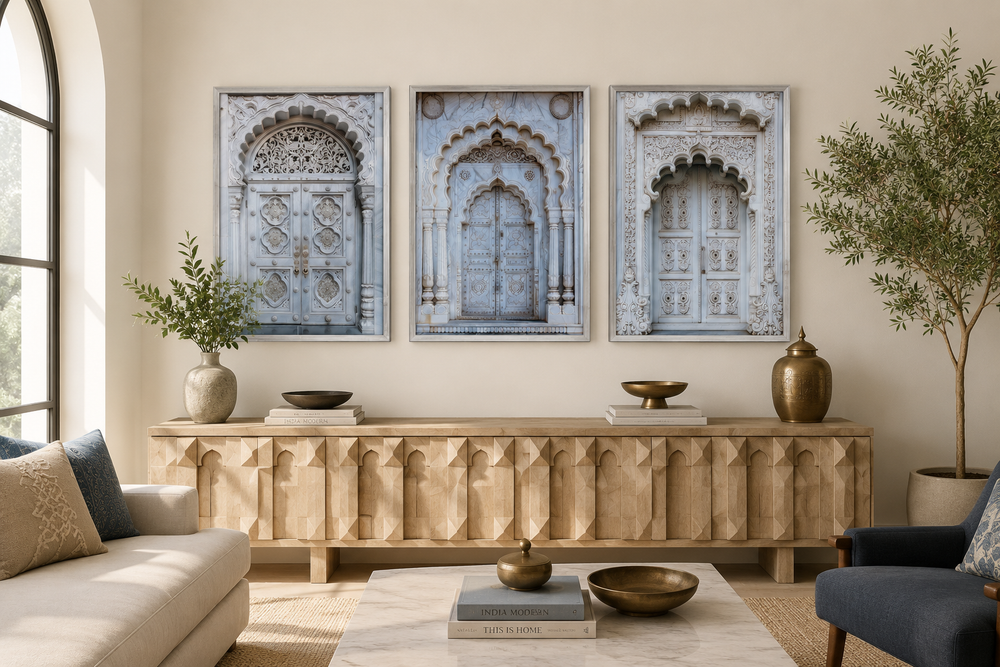 Set of three framed canvas prints featuring intricately carved neutral grey Indian doors.