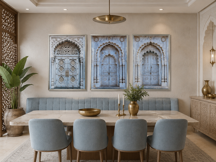 Set of three framed canvas prints featuring intricately carved neutral grey Indian doors.