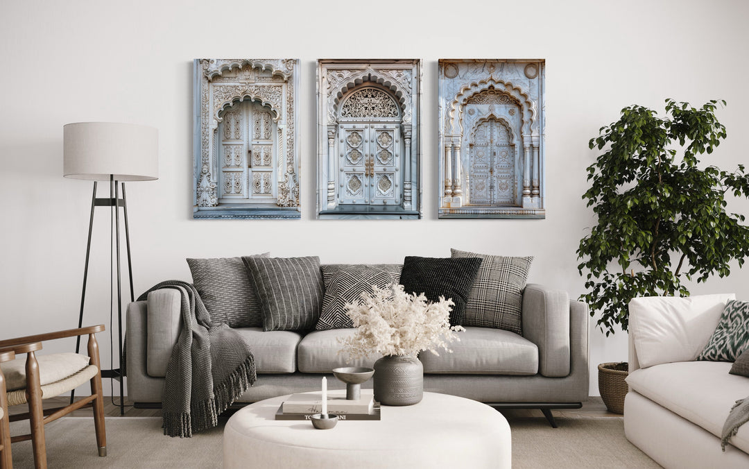 Set Of Three Neutral Grey Indian Doors Framed Canvas Wall Art