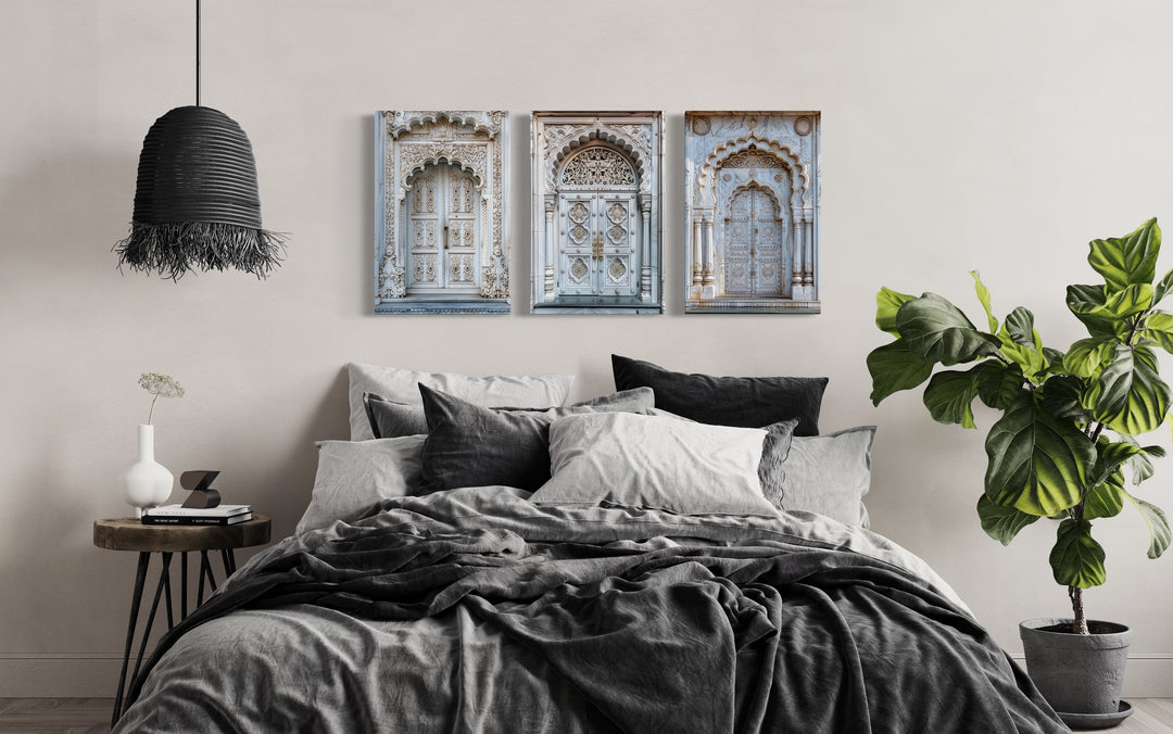 Set Of Three Neutral Grey Indian Doors Framed Canvas Wall Art