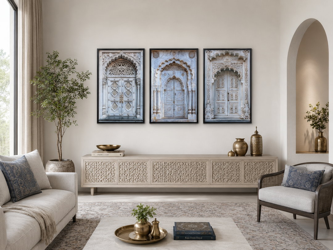 Set of three framed canvas prints featuring intricate neutral grey Indian architectural doors.